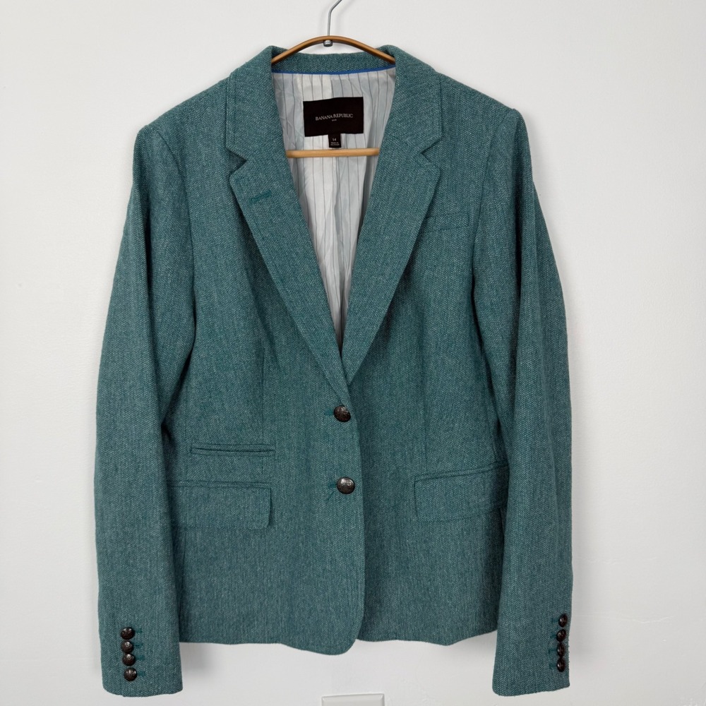 Banana Republic Herringbone Academy Blazer 14 New Emerald Teal Wool Blend